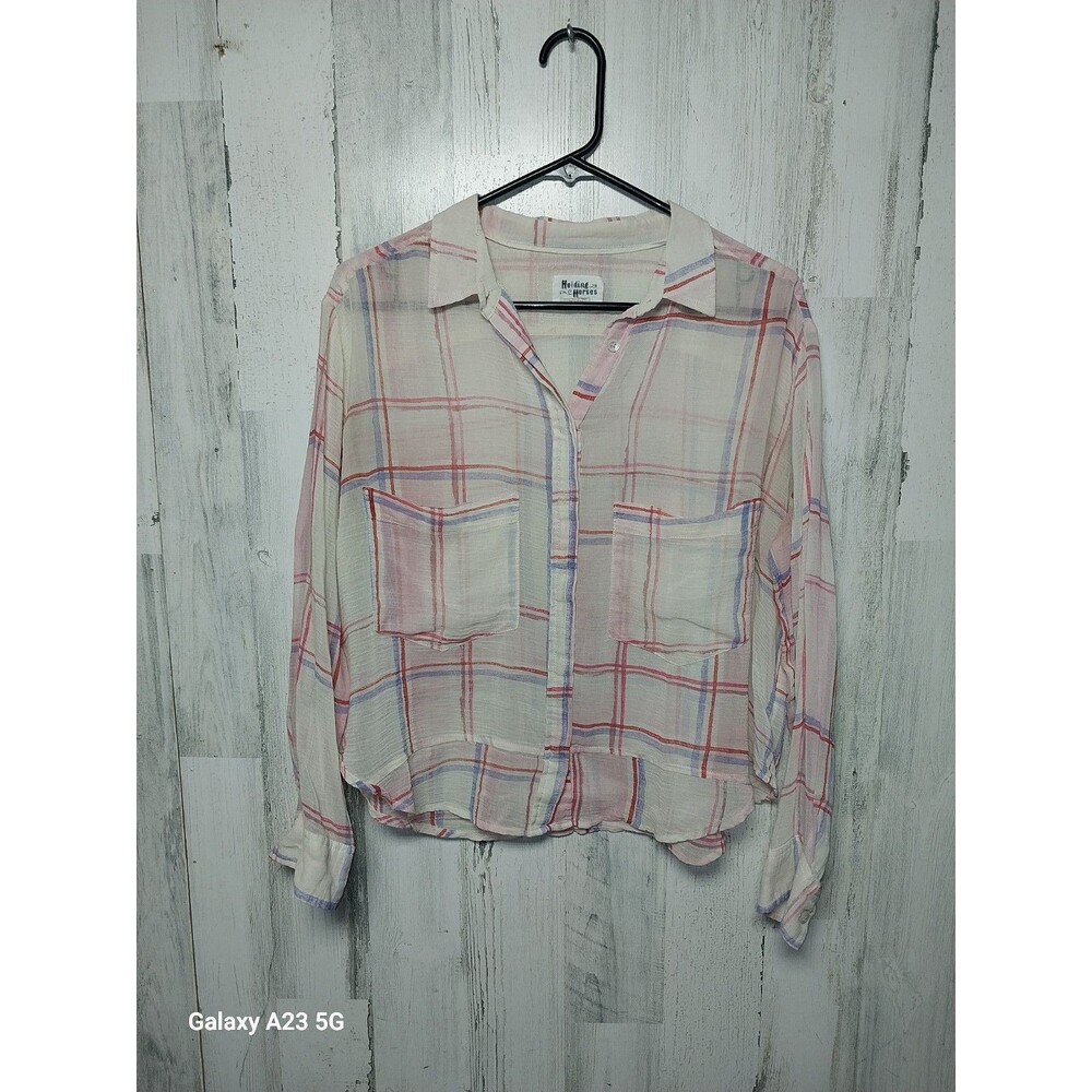 Holding Horses Anthropologie Pink/White Plaid Button Up Sheer Blouse Size Small